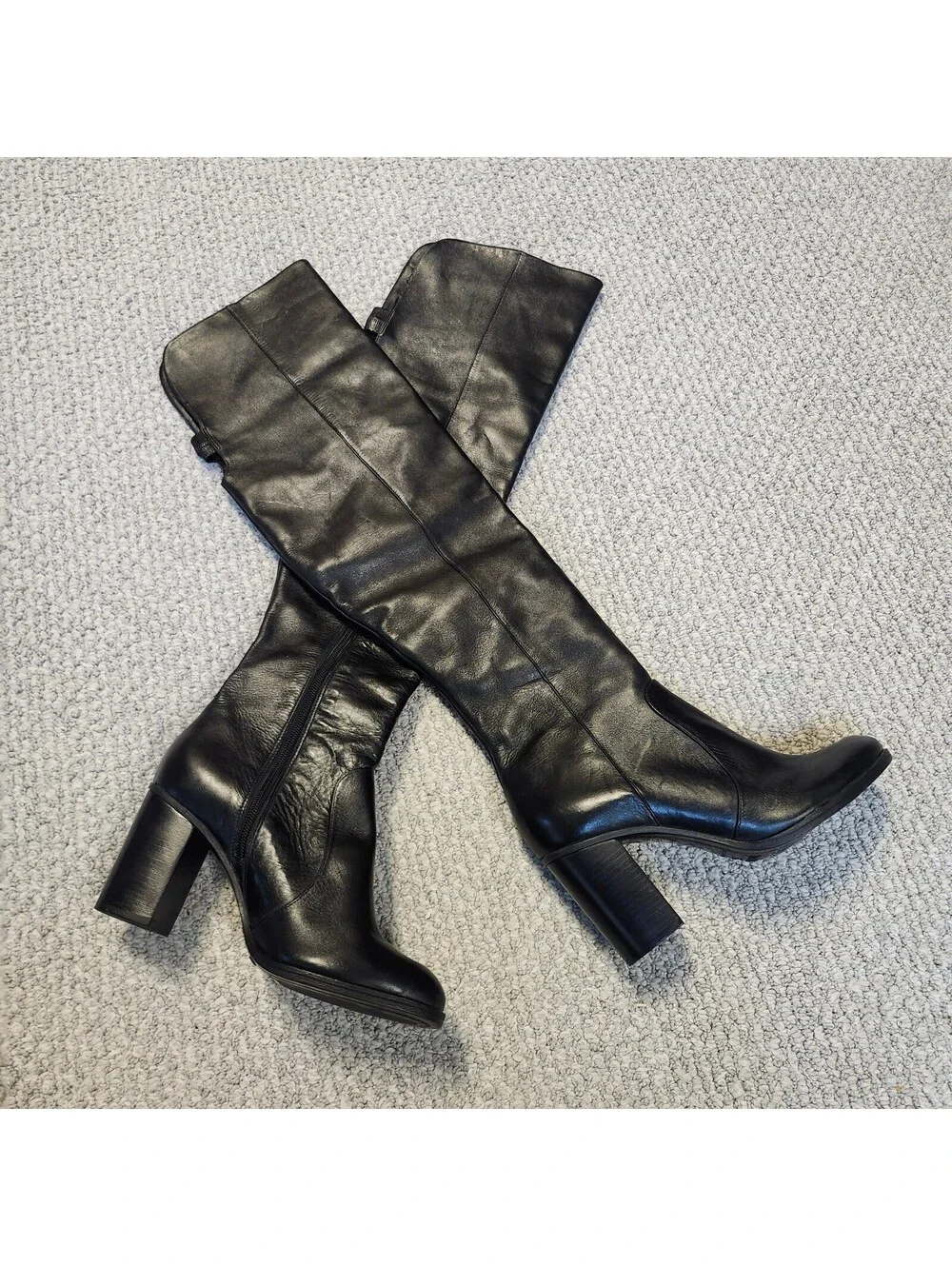 Schutz Black Leather Knee-High Block Heel Boots Size  7B